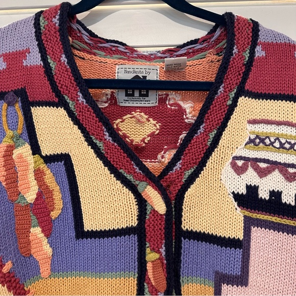 Storybook Knits Cardigan Sz L Southwestern Peppers Adobe Pottery Chiles Hand - Picture 2 of 10